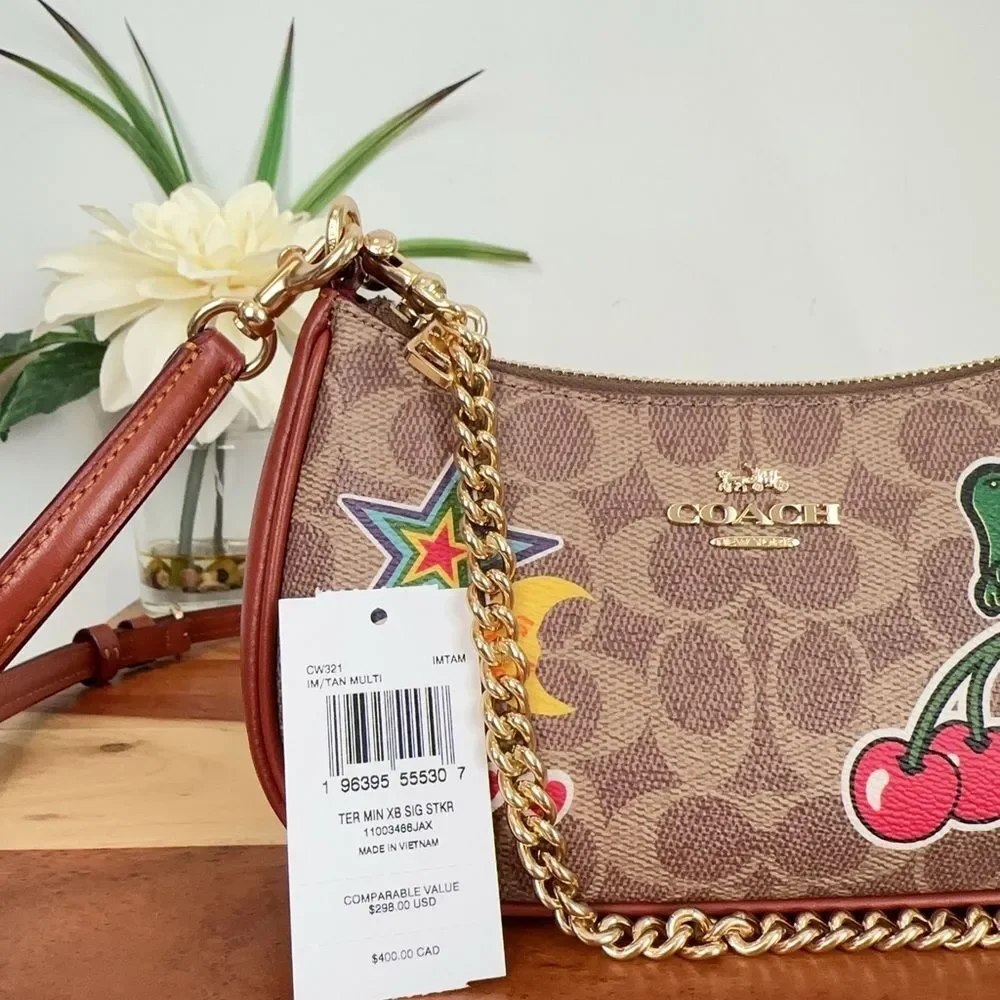 NWT Coach Teri Mini Crossbody‎ Bag In Signature Canvas With Sticker Print